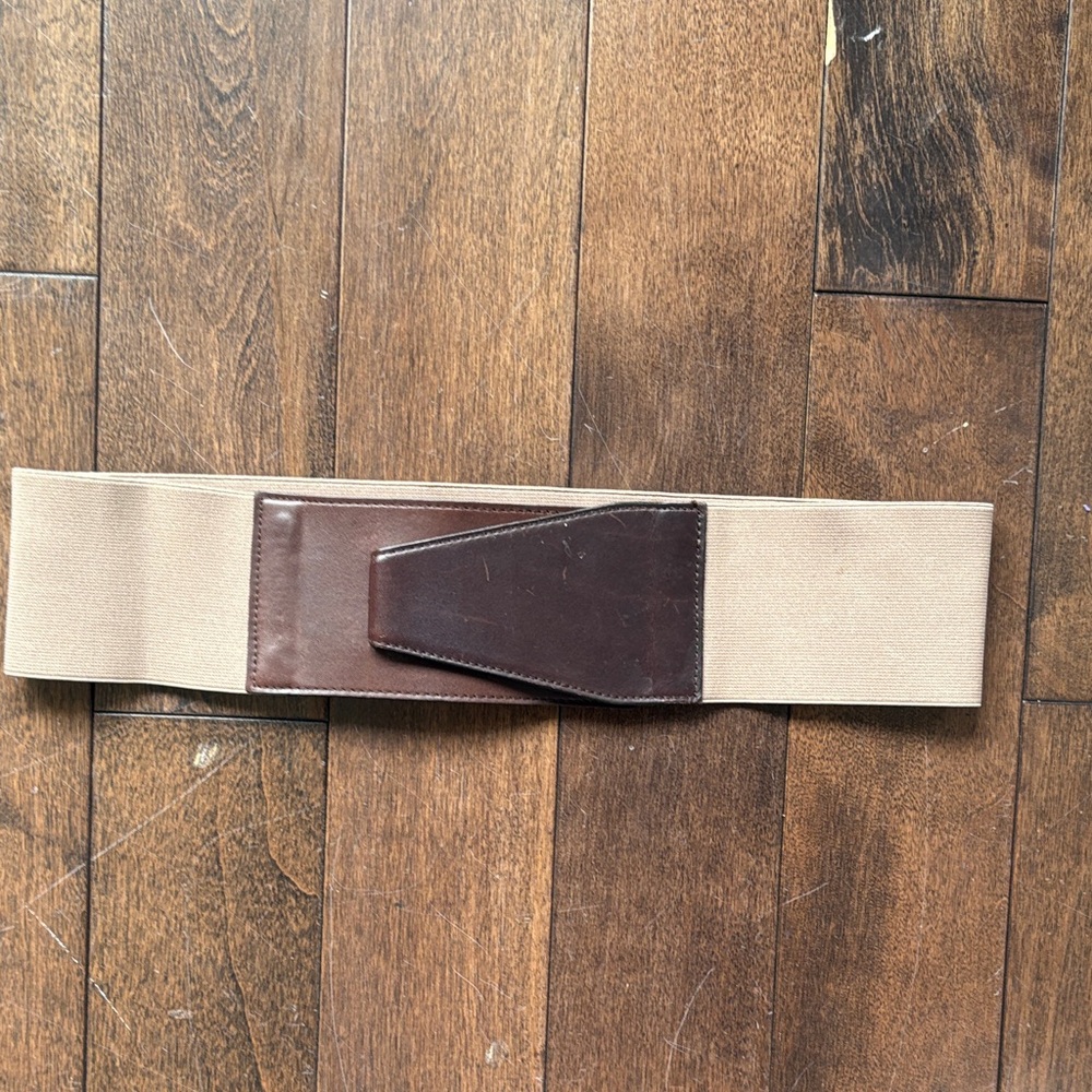 Vintage Beige Elastic Waist Belt with Brown Leather Accent - women sz small